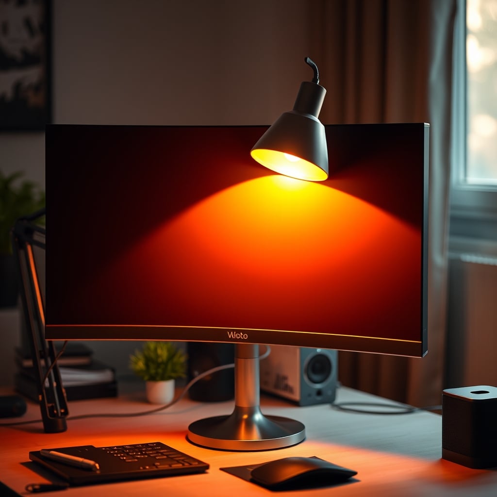 Comparison of a desk lamp causing monitor glare vs a properly positioned lamp with no glare