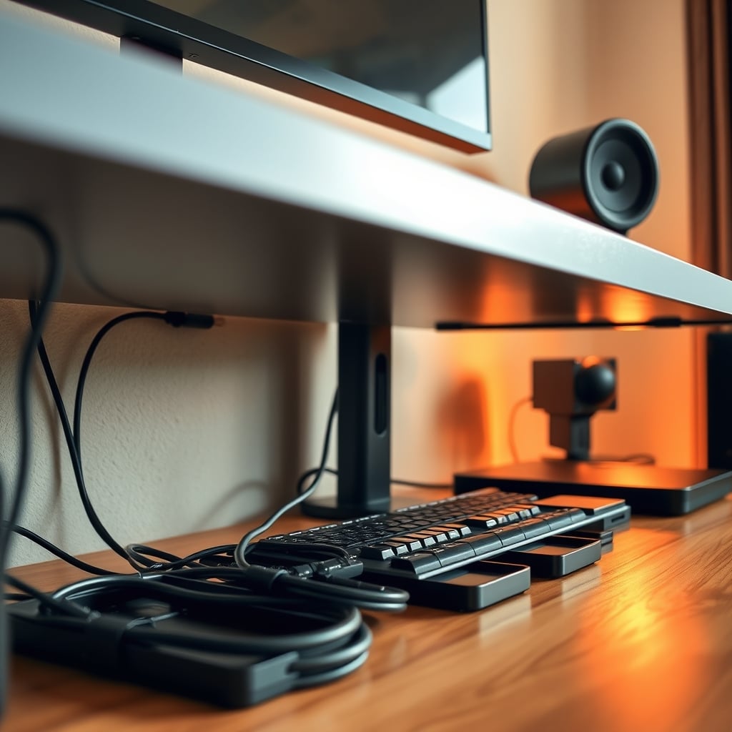 Well-executed under-desk cable management system with cables neatly organized