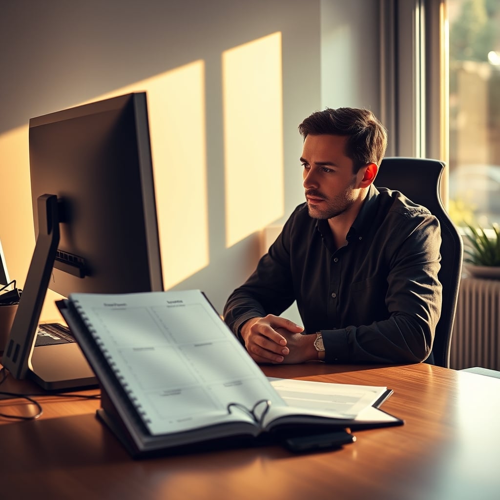Person working with deep focus at a desk, using a physical planner for productivity