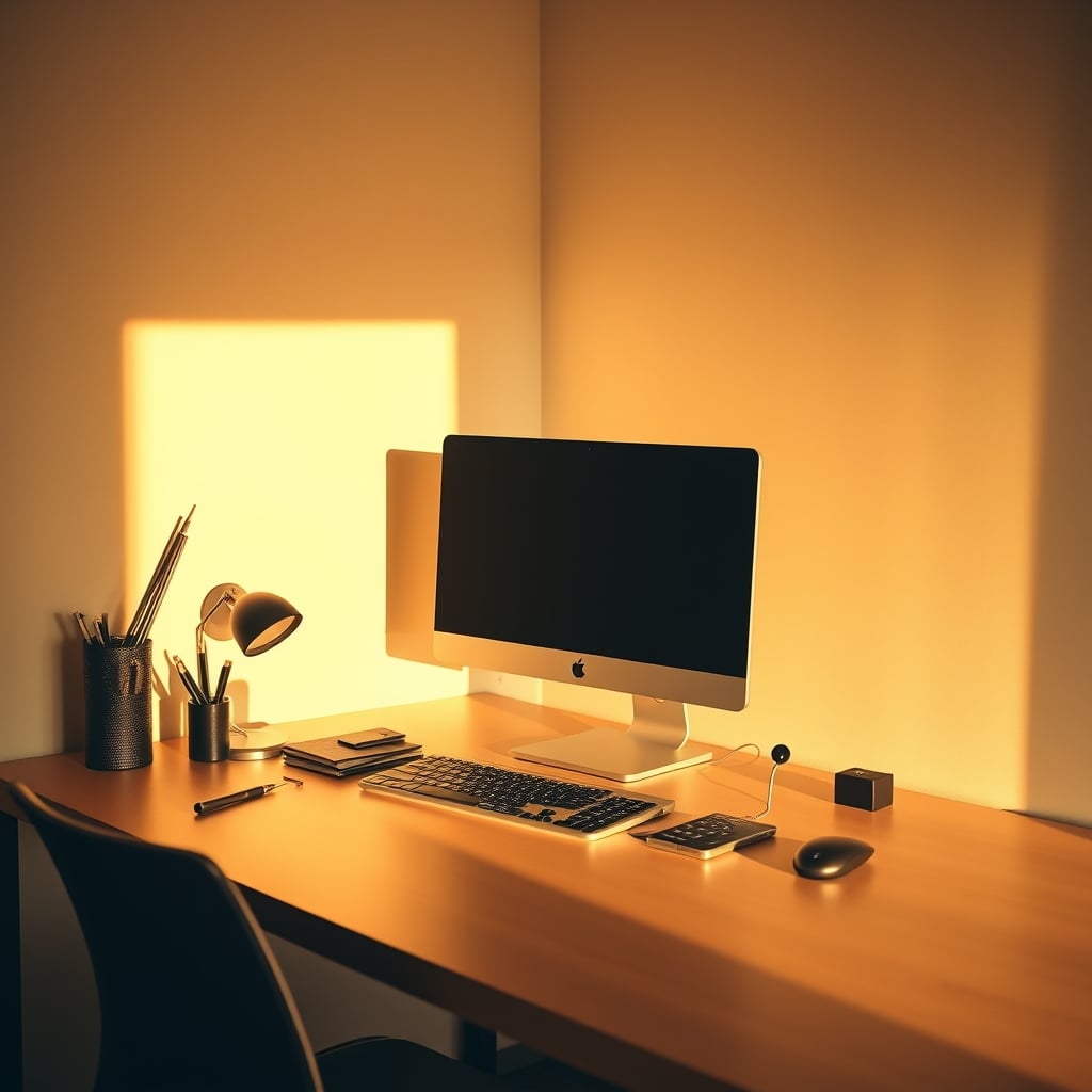 Functionally minimalist desk setup with essential tools visible and other items stored