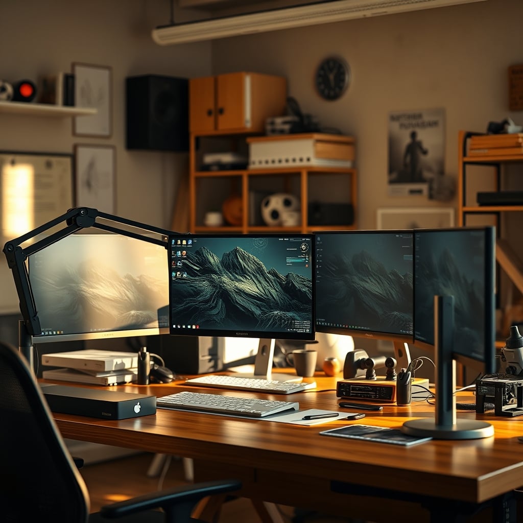 A busy but highly functional desk with monitor arms, visible notebooks, and tools within easy reach.