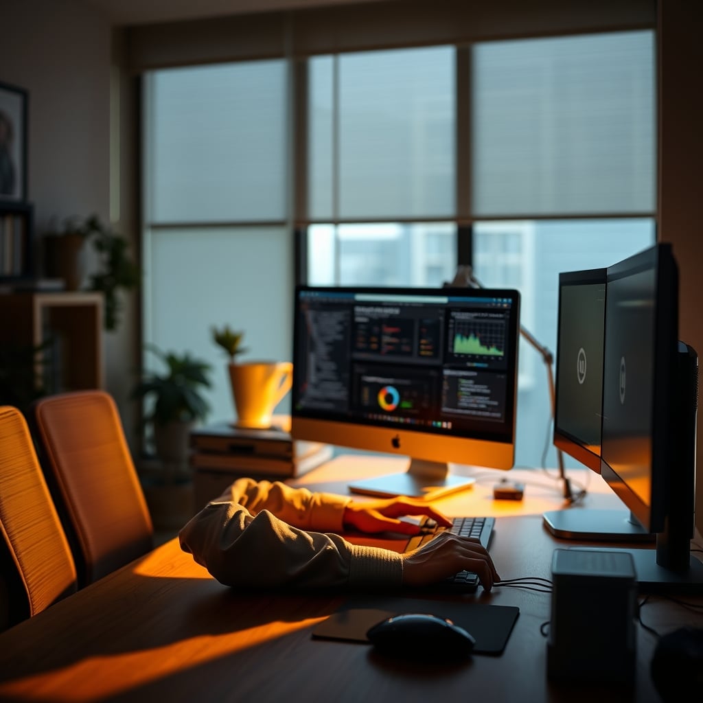 A person deeply focused on work, with a clear sightline to their monitor and no visual distractions.