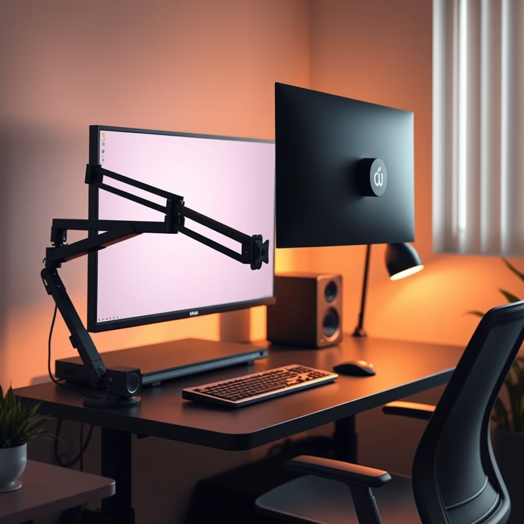 A monitor arm holding a screen at eye level with a clear desk surface underneath