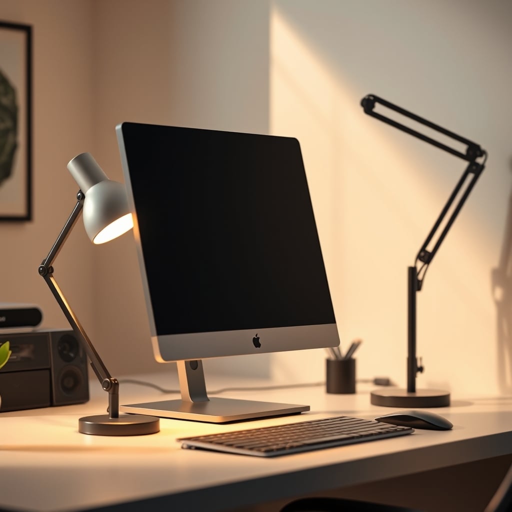 A simple desk with a single monitor on an arm, a warm desk lamp, and a notebook