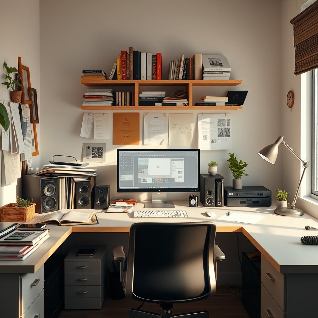 Comparison of a cluttered desk with many items versus a minimalist desk with only a monitor, keyboard, and lamp