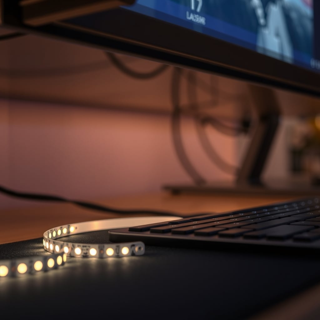 24 V LED strip mounted under a desk shelf, glowing at low brightness