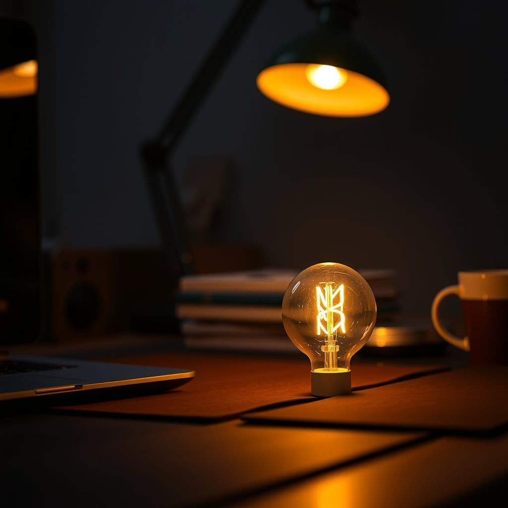 Warm tunable-white desk lamp glowing above a wooden desk at dusk