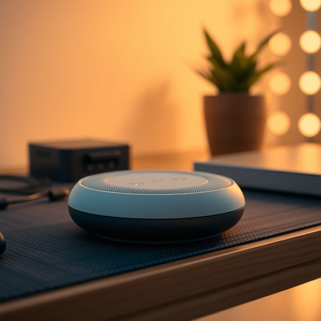 Small smart home hub with tiny status LEDs sitting on a desk shelf beside a monitor