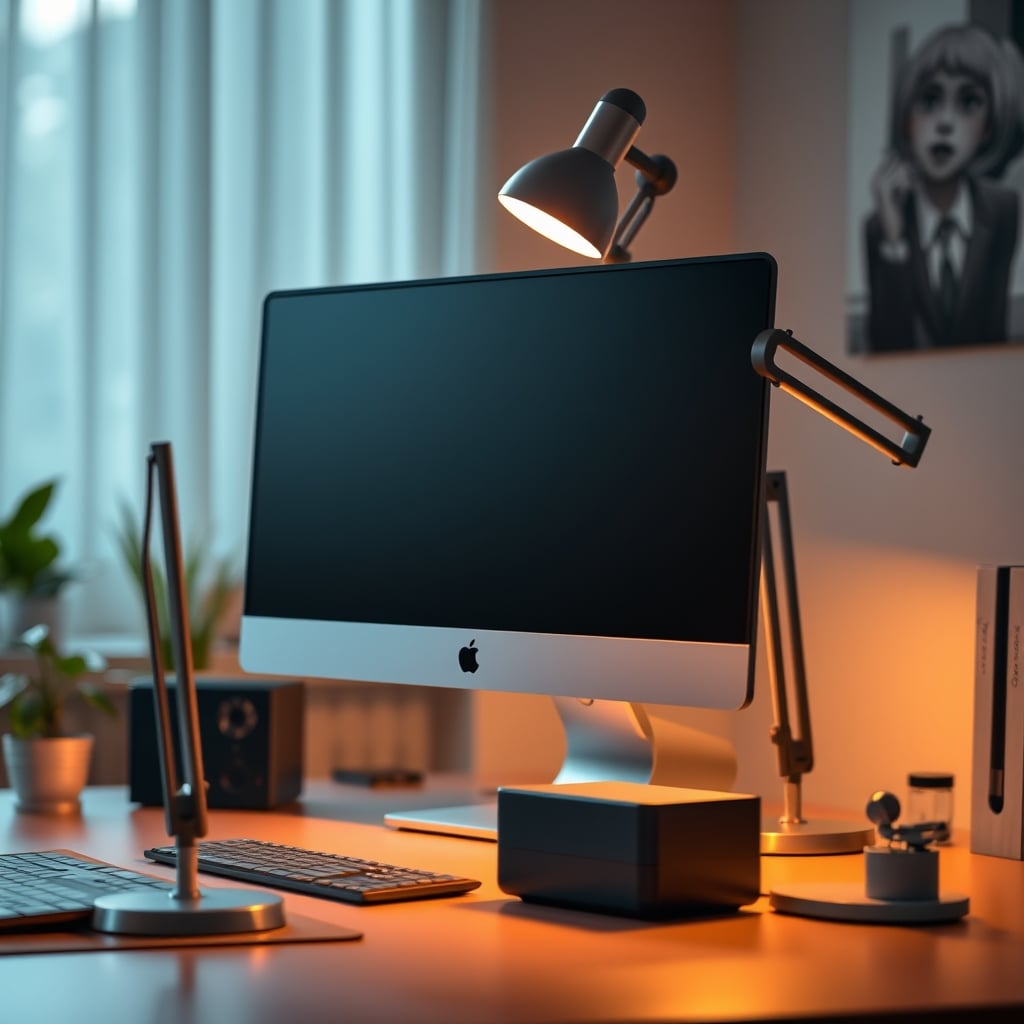 A desk lamp with a long arm positioned behind and to the side of a monitor, its head angled down to illuminate the desk surface without hitting the screen.