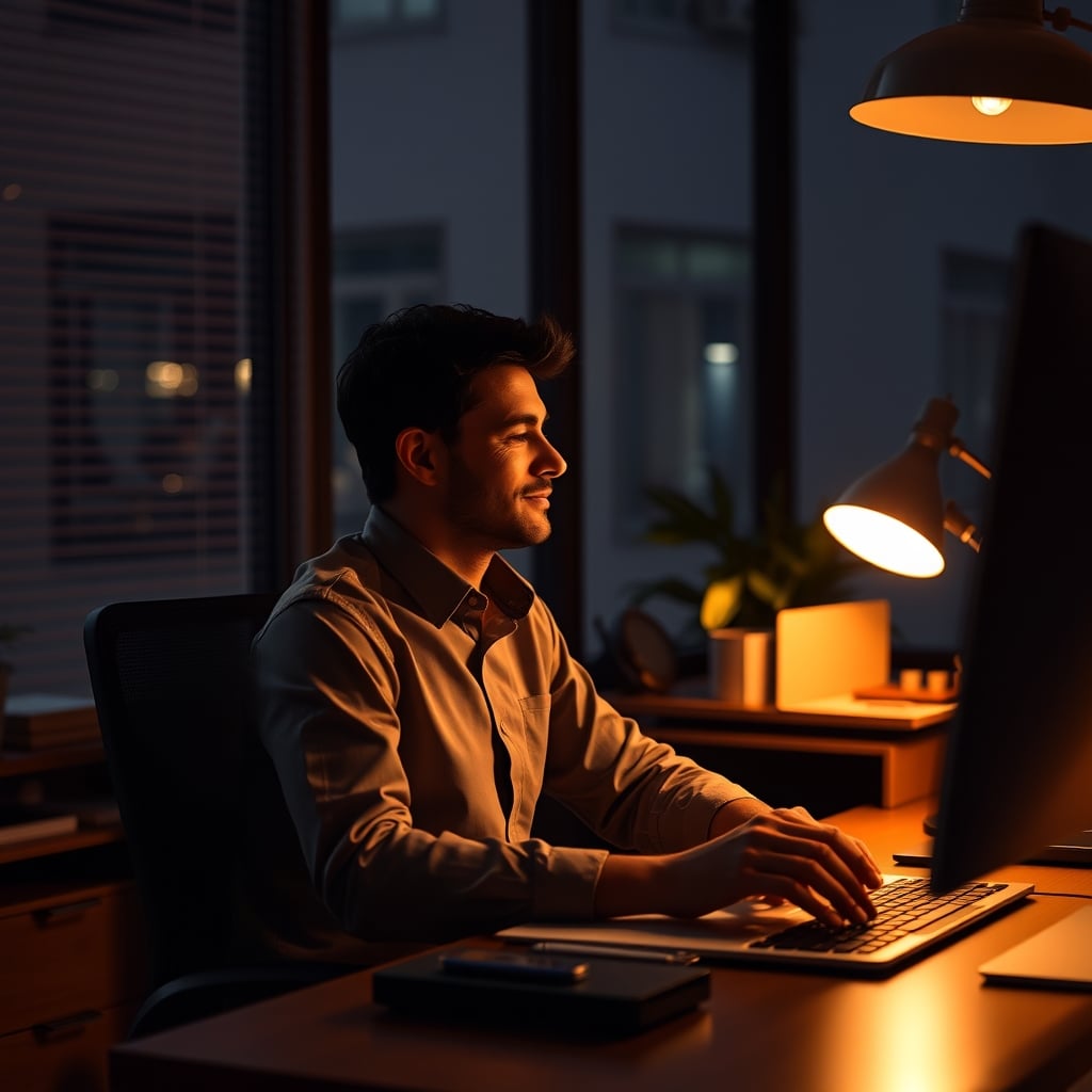 A person working comfortably at a desk in the evening, with a warm task light, soft bias lighting behind the monitor, and no overhead light on.