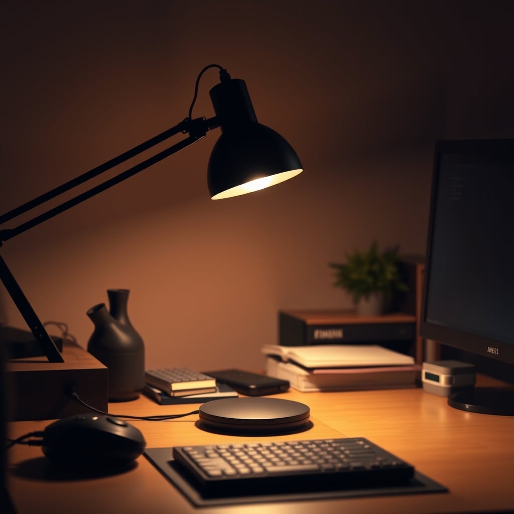 A single desk lamp on the left creates a stark, sharp shadow across a keyboard and notebook, leaving the right side of the desk in darkness.