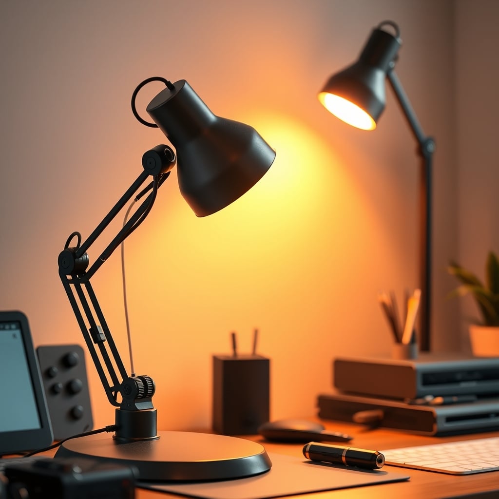 Close-up of a high-quality desk lamp's multi-jointed arm and heavy, machined base.