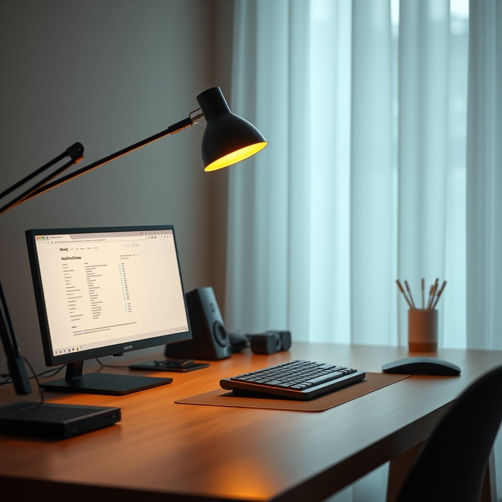 A clean, minimalist desk with a warm lamp glow focused only on the keyboard and mouse.