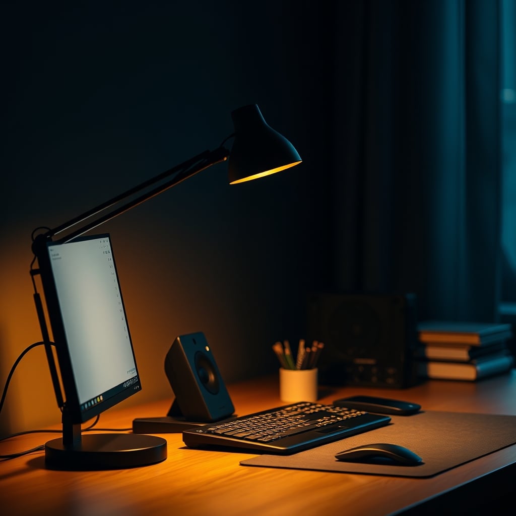A desk with only a single task lamp illuminating the workspace, creating high contrast with dark surroundings.