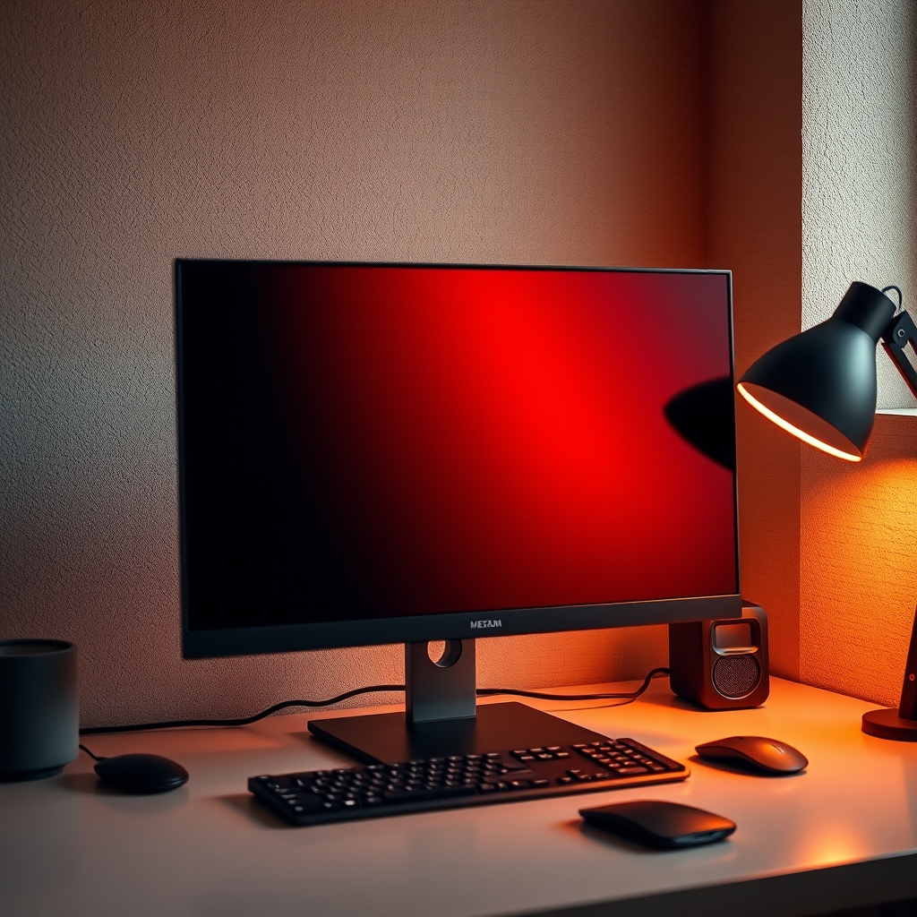 A close-up of a desk setup with subtle bias lighting behind a monitor, showcasing warm color temperature and highlighting wall texture.