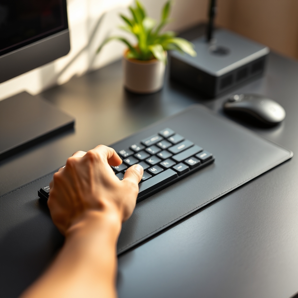 A sleek, thin leather desk mat promoting proper wrist alignment for a minimalist home office setup.