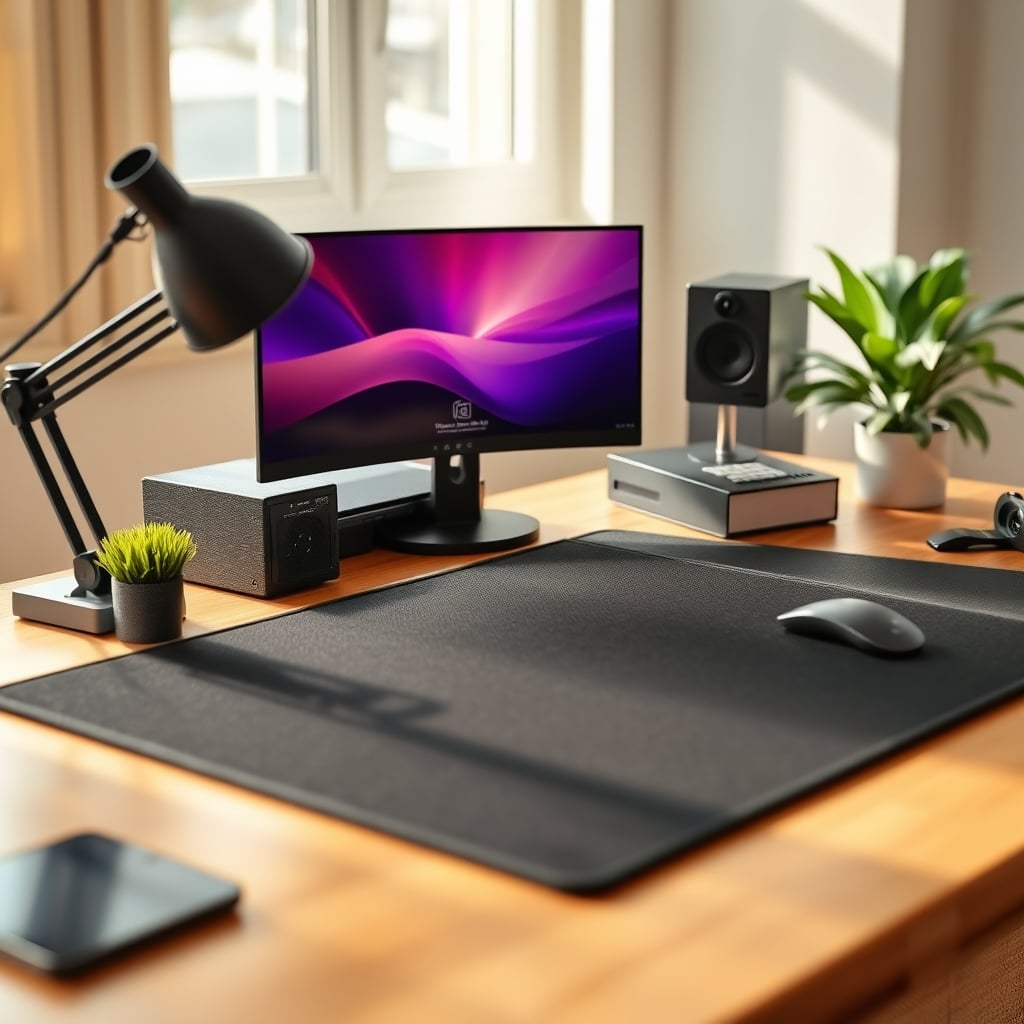 A desk mat lifted to reveal a clean desk surface next to a dusty mat backing, demonstrating the necessary weekly maintenance.