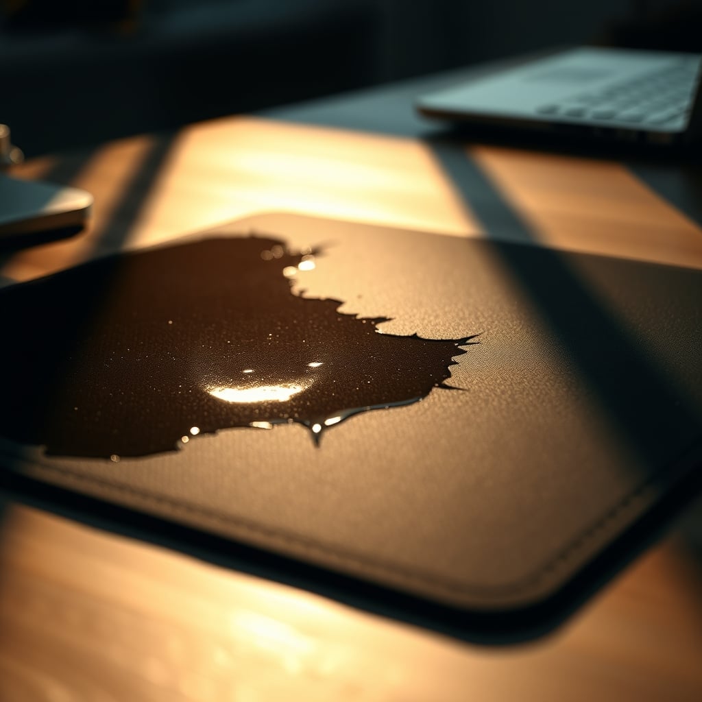 Close-up photo showing a permanent white discoloration stain on a wood desk in the exact shape of a removed desk mat.