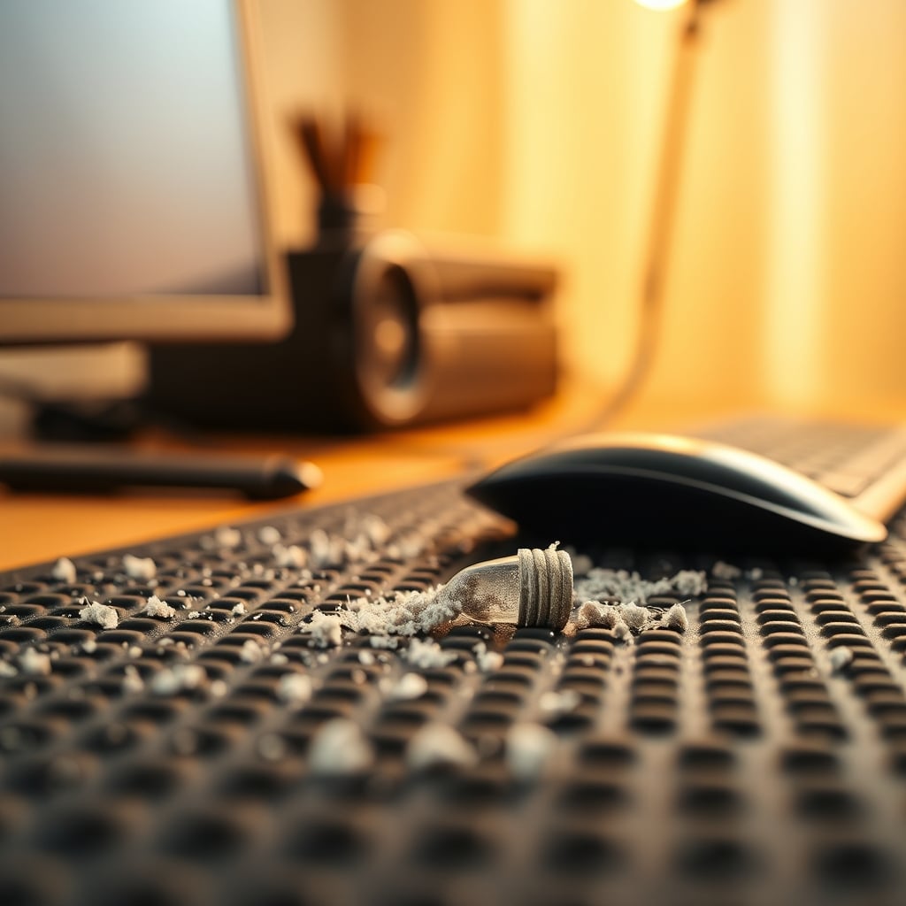 Extreme macro photograph showing dust and moisture trapped in the anti-slip nubs on the back of a common desk mat.