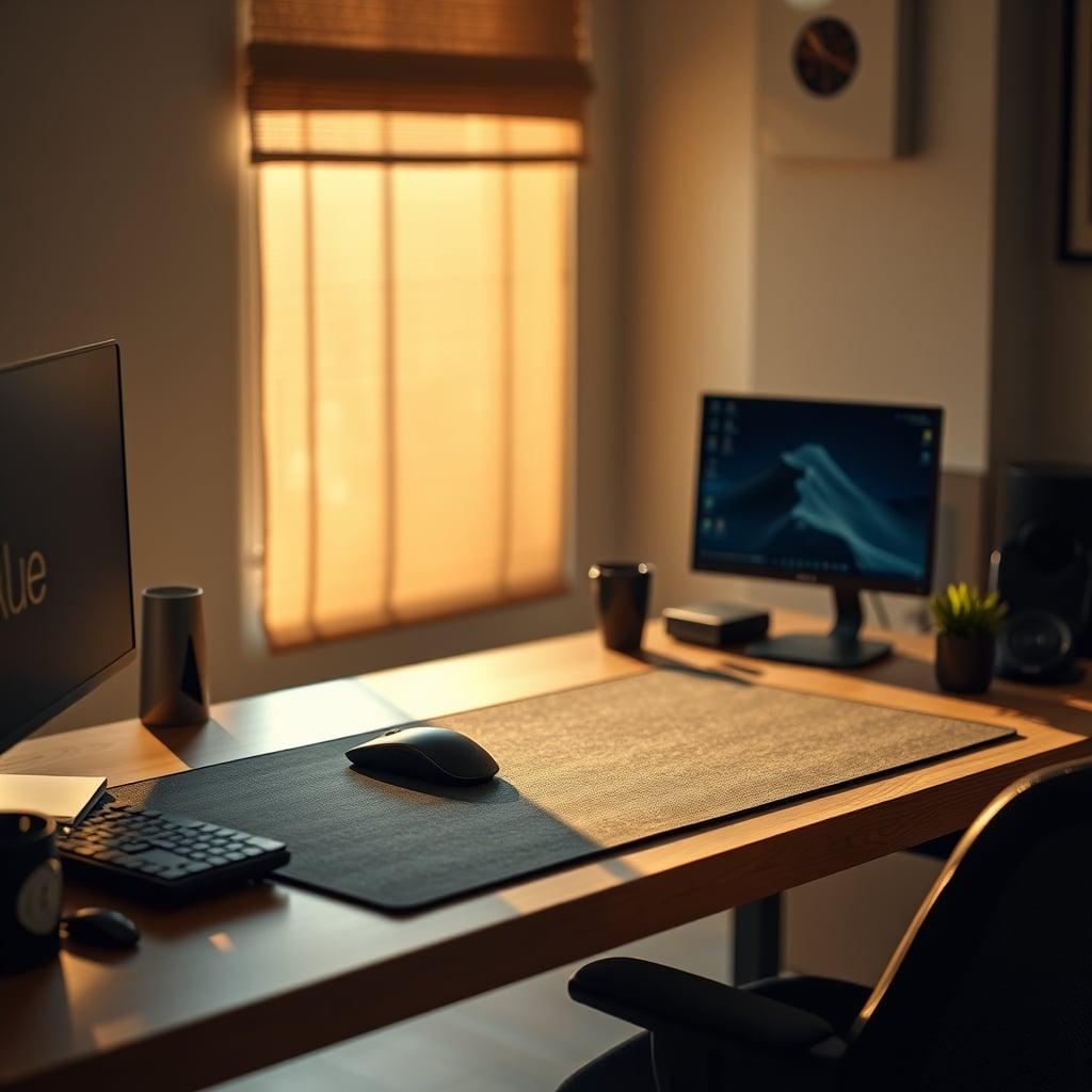 A clean, minimalist desk setup with a beautiful wood surface visible, using only a small, high-quality mousepad instead of a full desk mat.