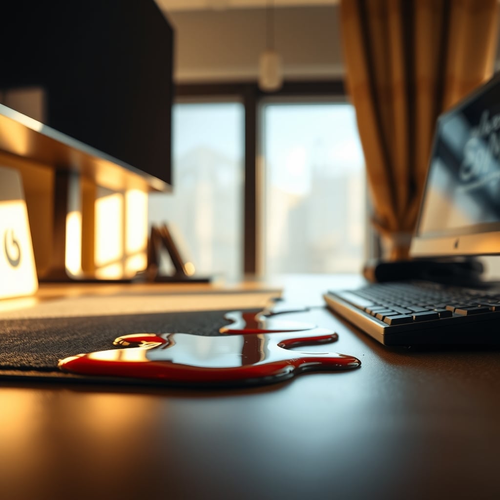 Coffee spill on a cloth desk mat visibly seeping through the stitched edge onto the desk below.