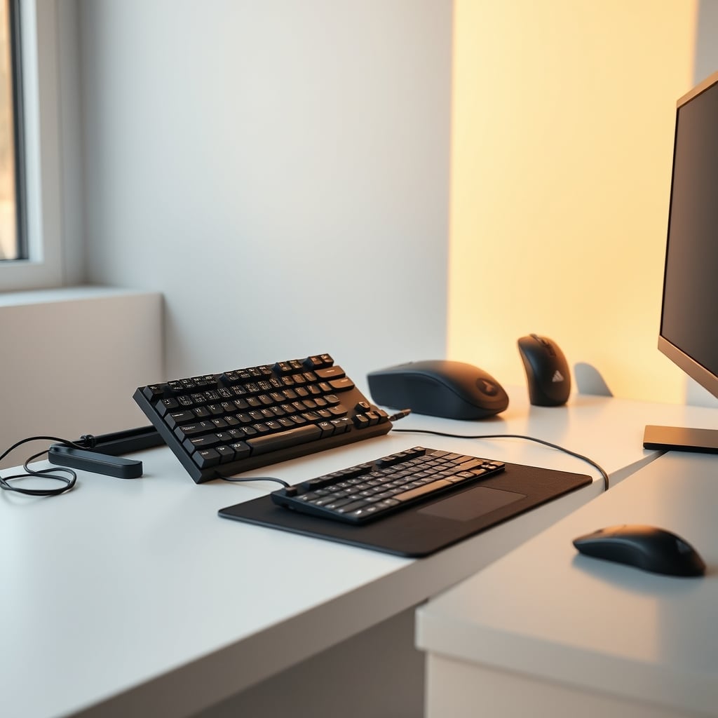A clean, bare wood desk with a keyboard and a small, dedicated hard mouse pad.