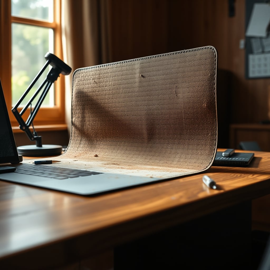 A lifted desk mat revealing dust and debris trapped underneath on a wood desk surface.