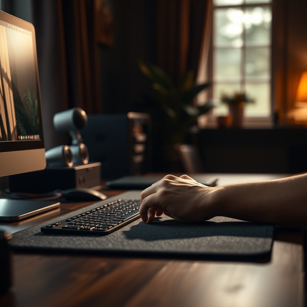 Subtly bad wrist posture on a thick, plush desk mat