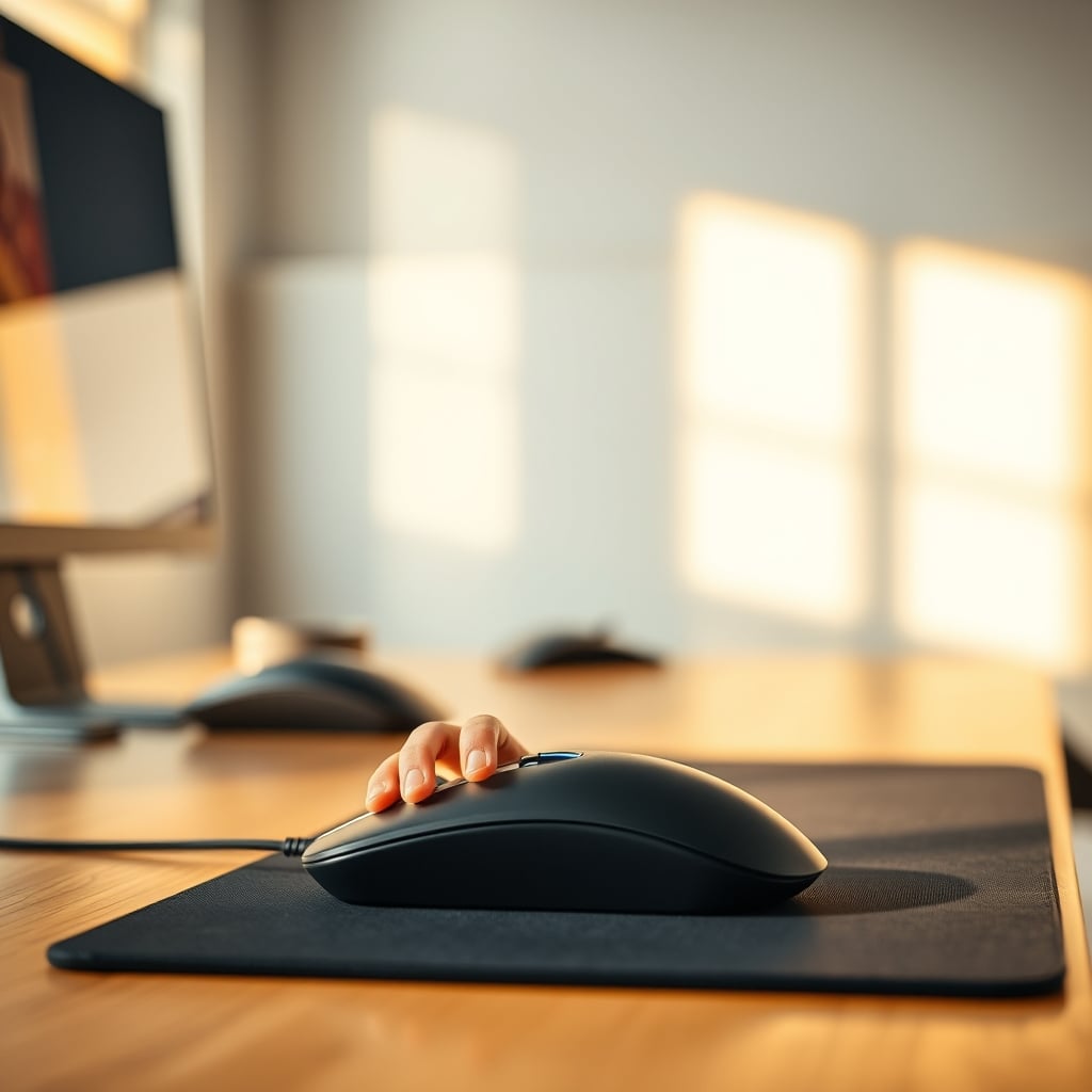 Close-up of a hand with neutral wrist posture over a mouse on a thin desk mat