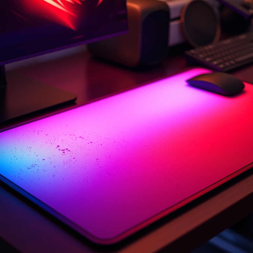 An RGB desk mat showing uneven, patchy LED lighting with visible dust collected on the rubberized surface.