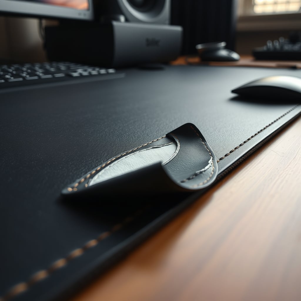 Close-up photo showing the peeling edge of a cheap PU leather desk mat, revealing the low-quality foam core underneath.