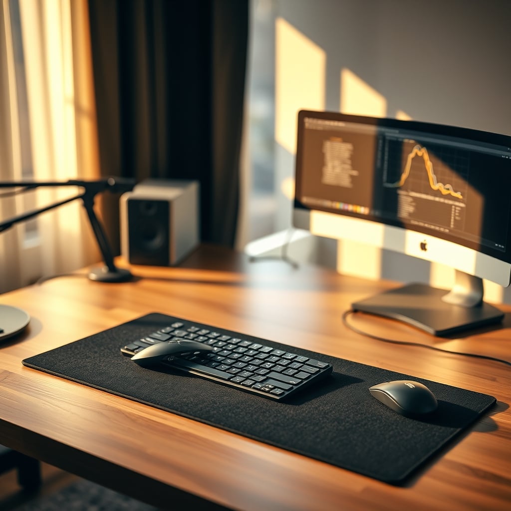 A clean, professional editing desk with a simple, unbranded black fabric desk mat, a keyboard, and a mouse.