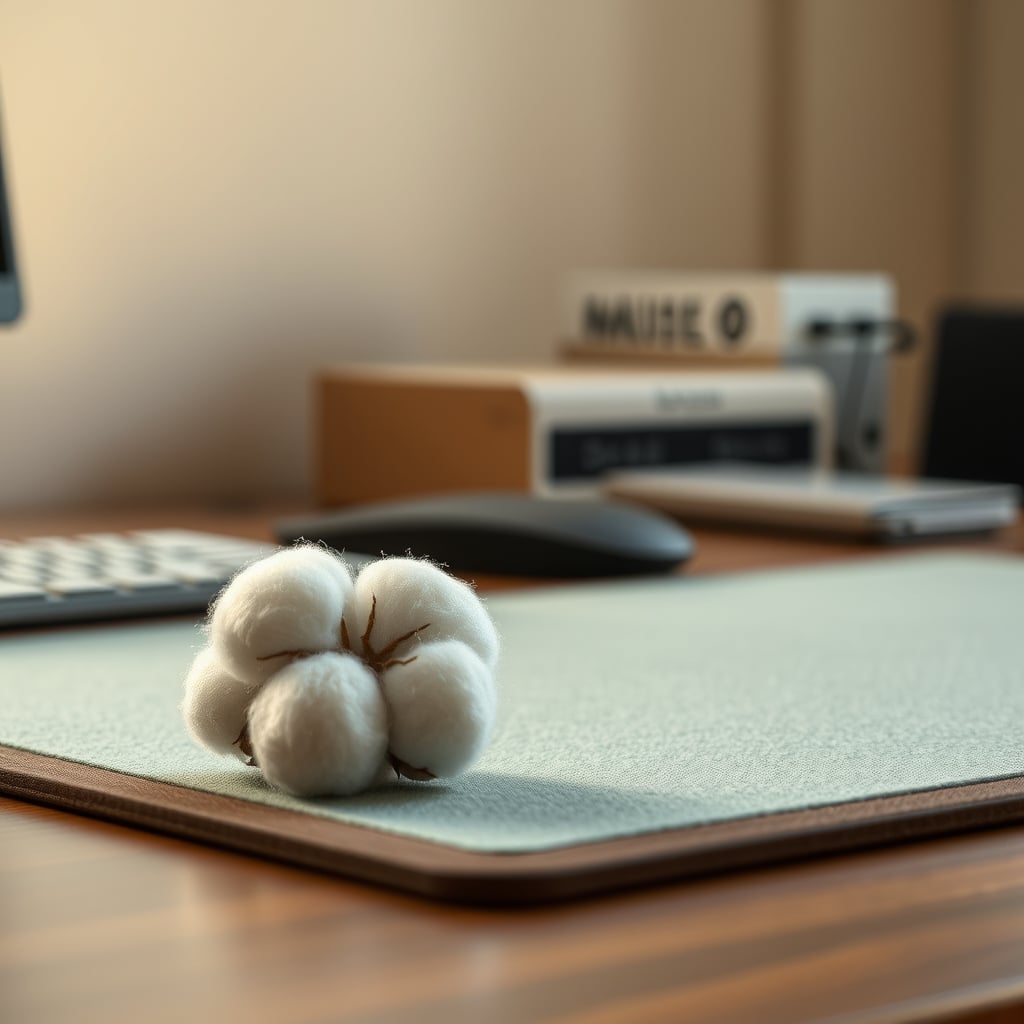 A hand dragging a white cotton ball across two different desk mats, showing visible drag on one.