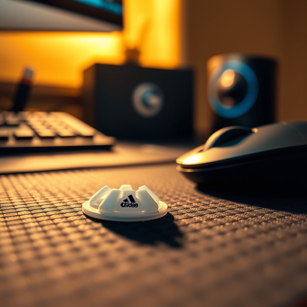 Extreme close-up of white PTFE mouse skates making contact with a rough, woven desk mat surface.