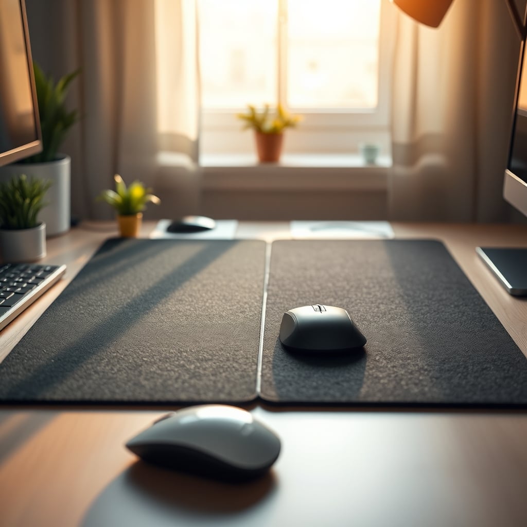 Two desk setups side-by-side: one with a smooth black cloth pad, one with a rough, printed textured pad.