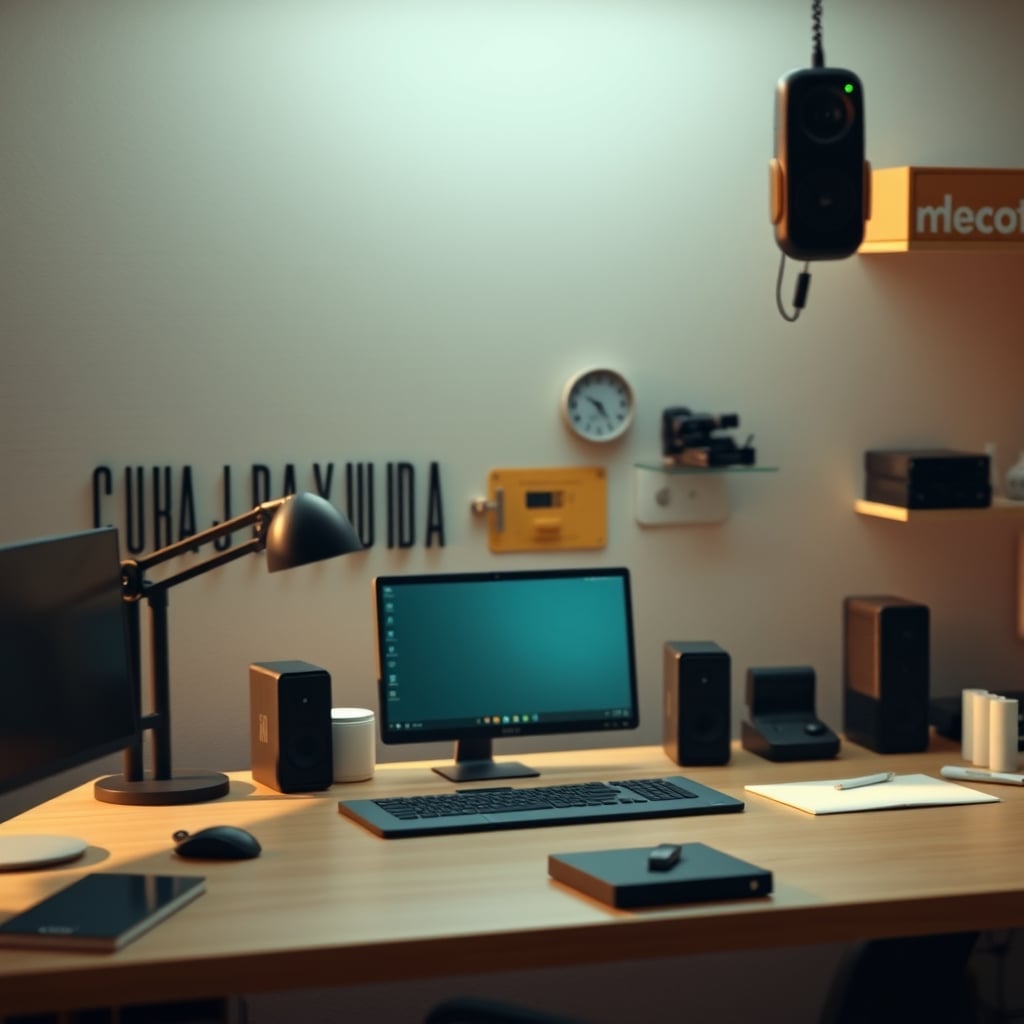An overhead view of a complex, cluttered magnetic desk rail system with various unused accessories, looking messy and impractical.