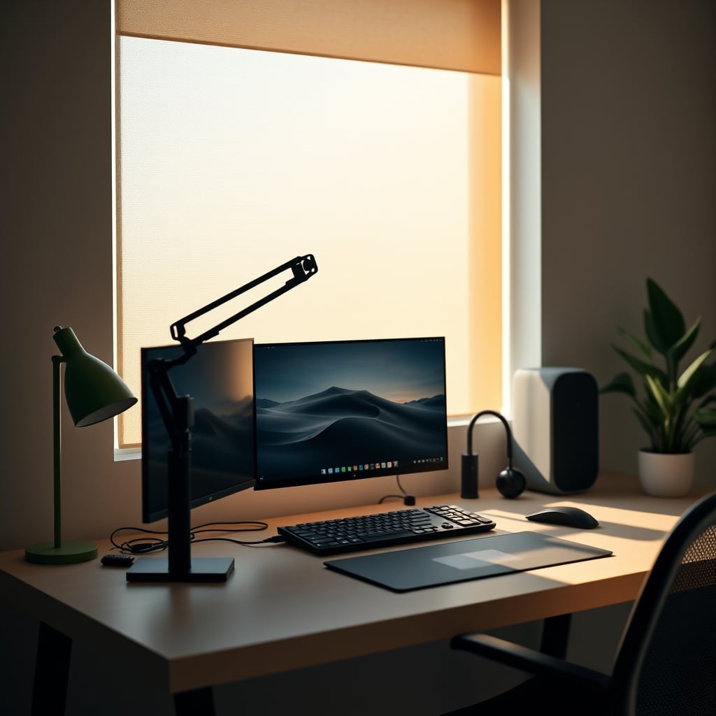 A clean, productive small desk setup with a monitor arm, wireless peripherals, and clear desk space, no rails in sight.