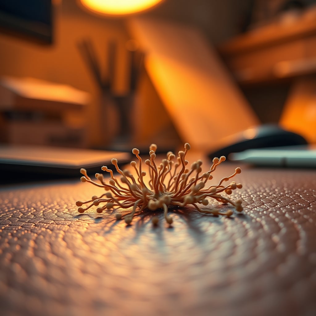 Close-up view of bacterial growth on a leather-textured surface, illustrating the hidden life on desk pads.