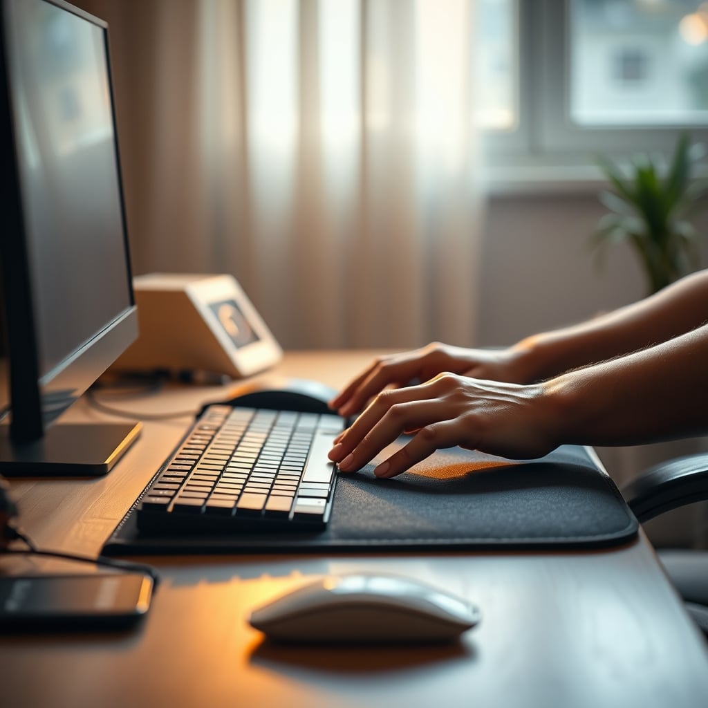 Side view of a person typing, showing an upward wrist angle caused by a thick desk pad.