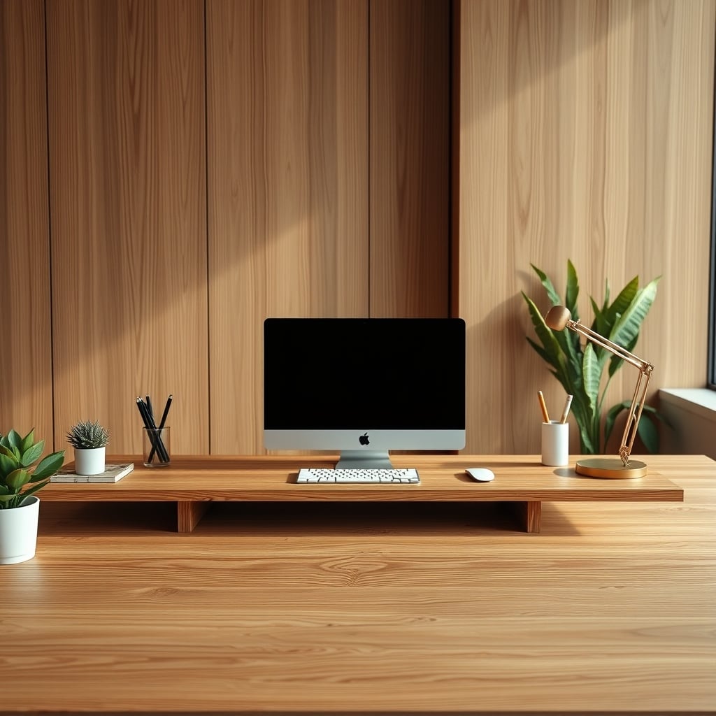 A clean, healthy workspace with a bare wood desk surface, no desk pad in sight.