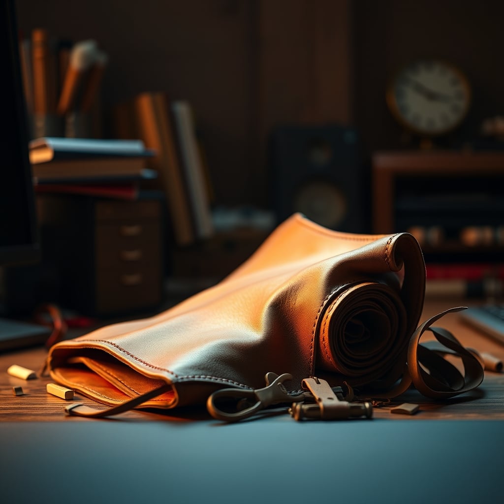 A styled shot of a leather desk pad rolled up and placed in a waste bin.