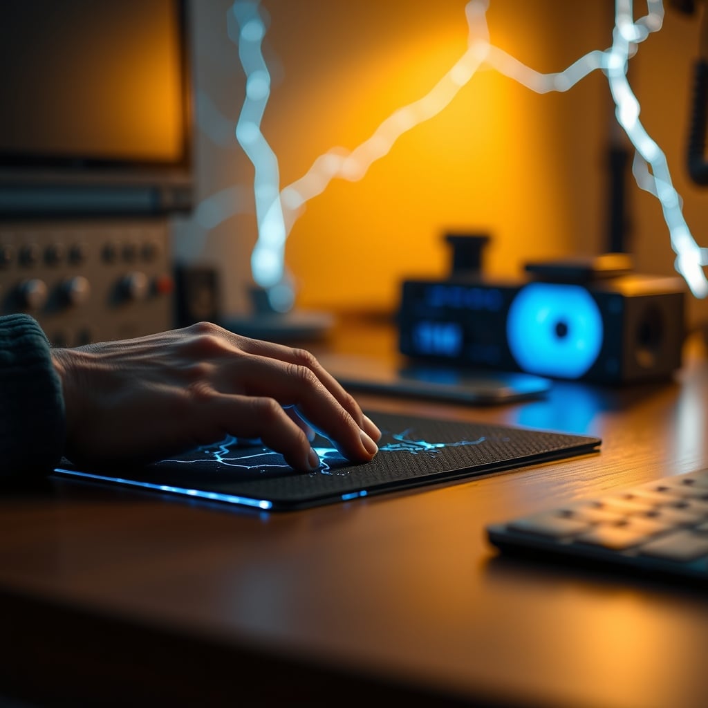 A visible static electricity spark jumping from a finger to a grey felt desk pad.