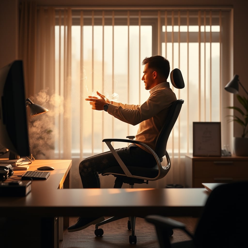 A person in a dry room getting a static shock from their office chair before touching their desk.