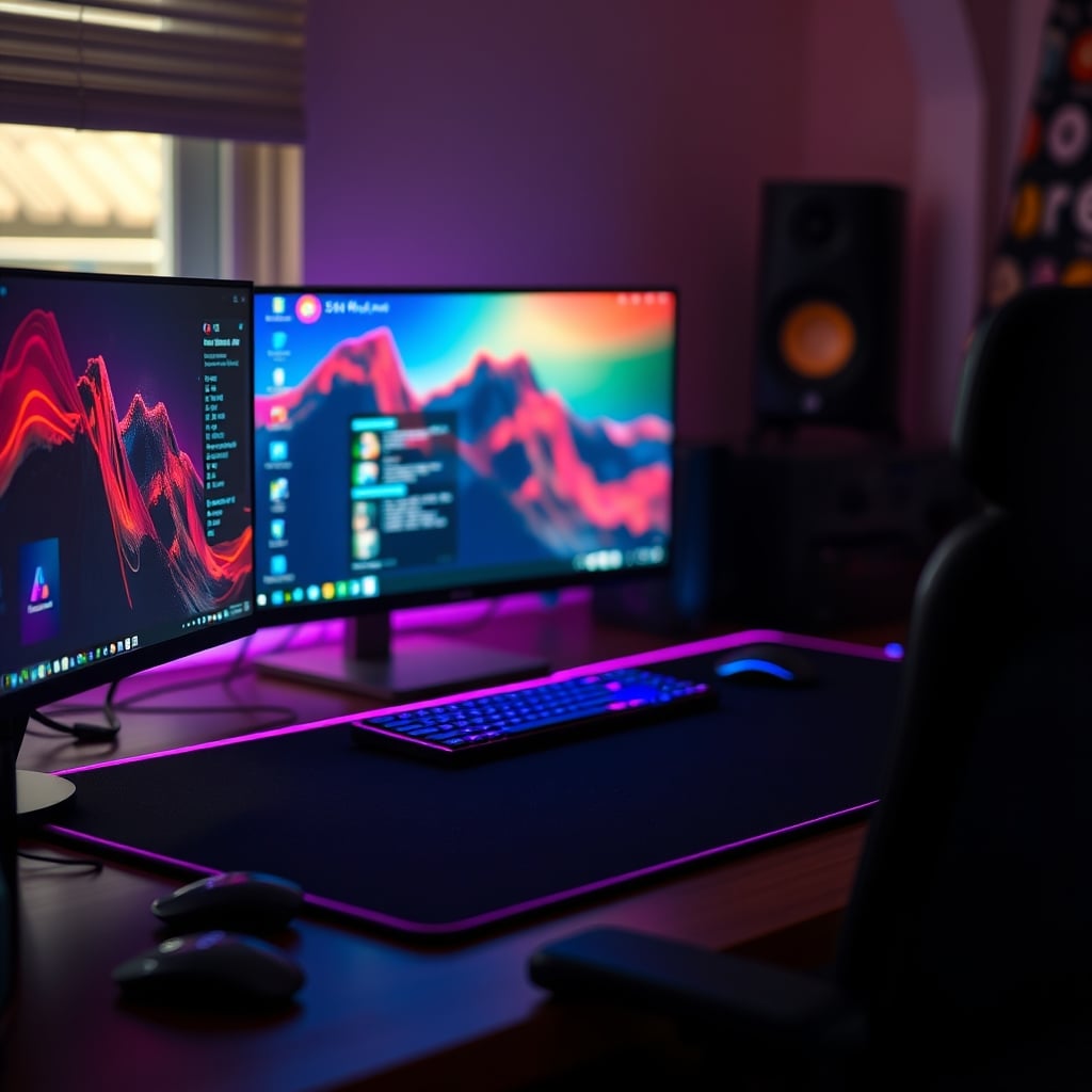 A first-person view of a desk with a bright, cycling RGB desk pad creating distracting light in the periphery.