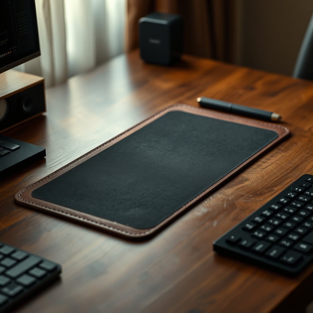 Comparison showing a stained, warped premium leather desk pad versus a clean, simple black cloth pad.