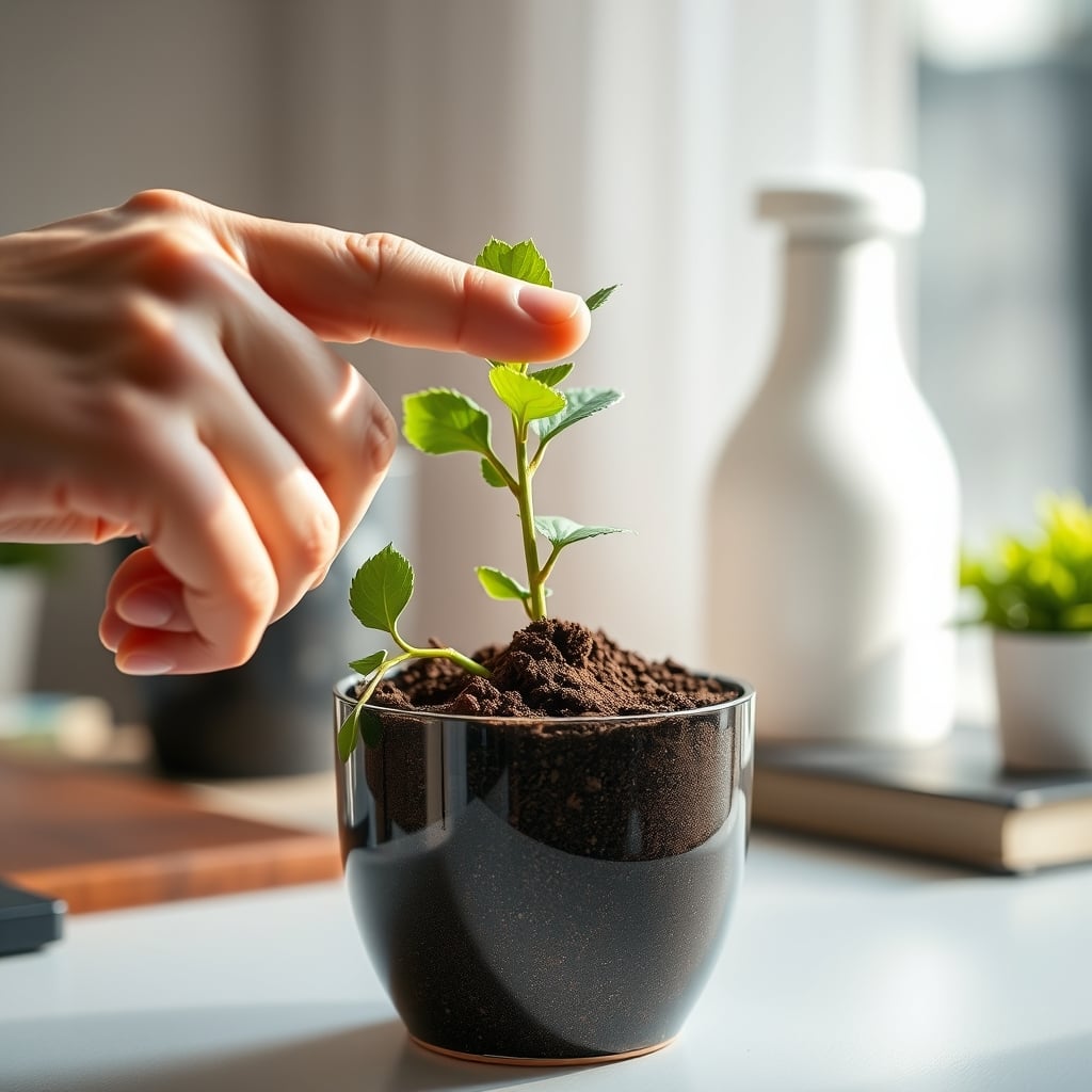 A finger pressed into the soil of a desk plant to check for moisture before watering.