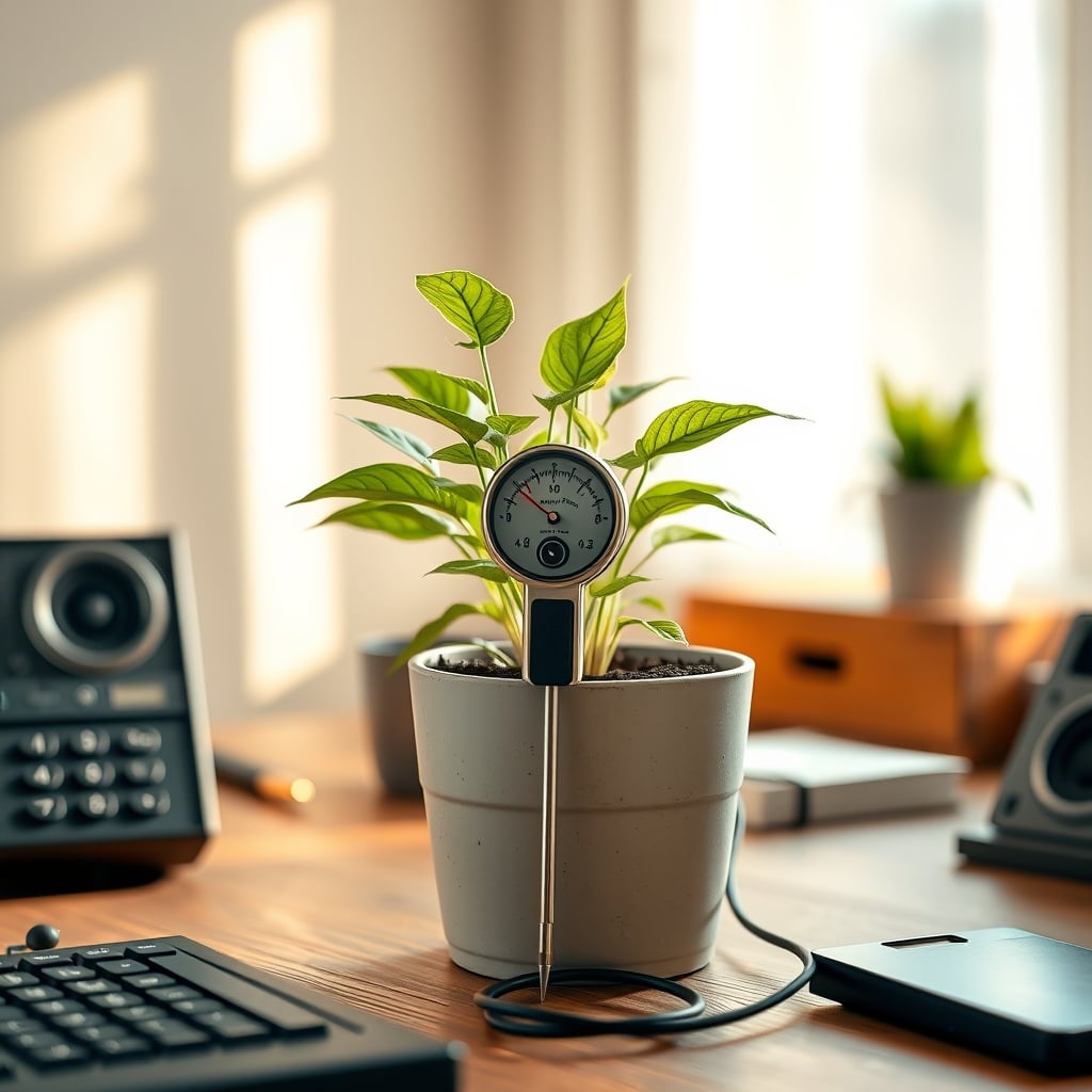 A basic, non-digital soil moisture meter probe inserted into the soil of a desk plant.