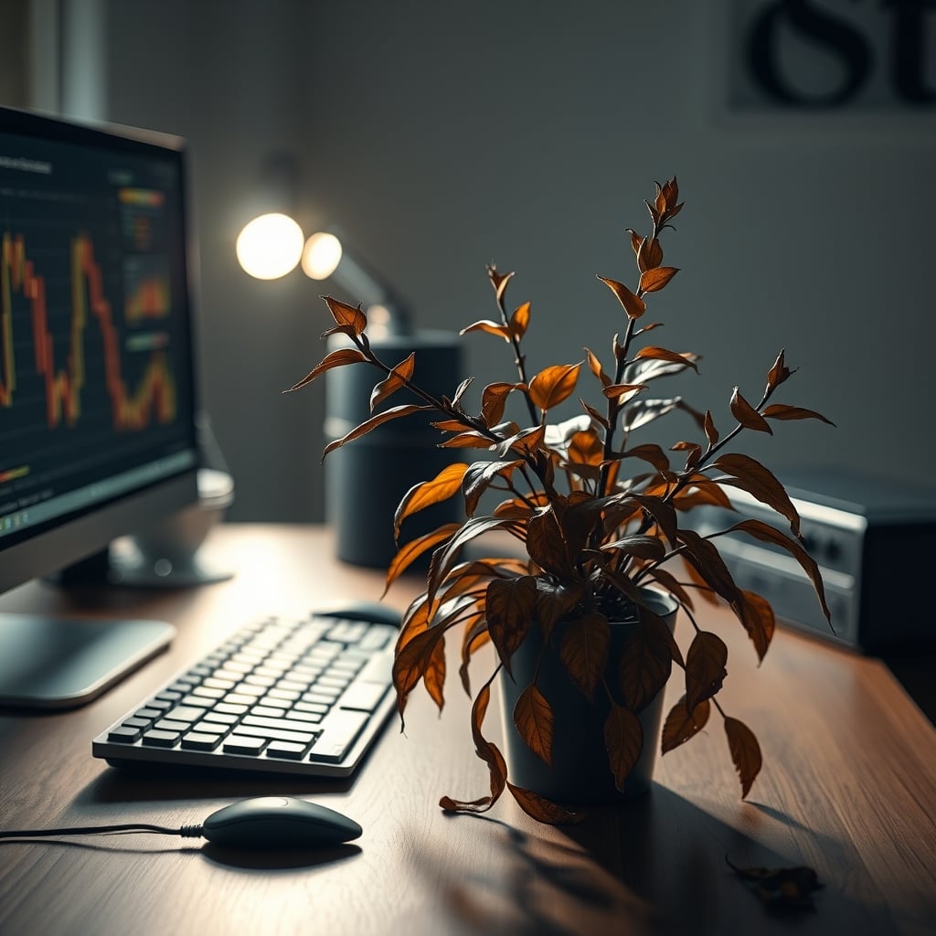 A dead, brown plant wilting on a sleek modern desk setup next to expensive tech gear.
