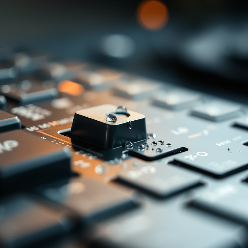 Close-up view of microscopic water droplets forming on the metal contacts of a mechanical keyboard switch, illustrating desk plant condensation damage