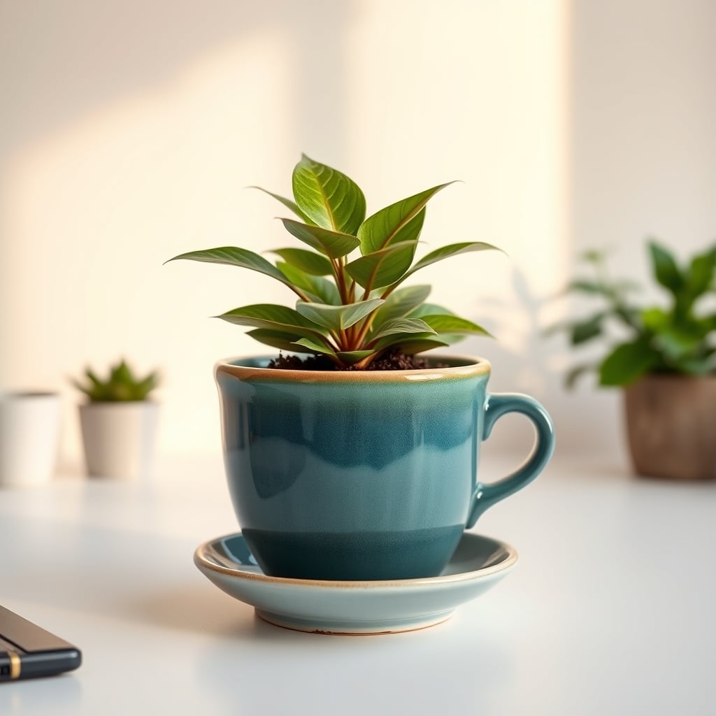 A modern, fully glazed ceramic plant pot with a fitted, attached saucer, showcasing a sealed design